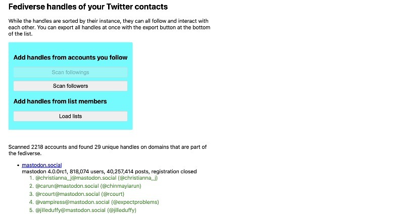 Using Fedifinder to find Twitter friends with a Mastodon profile.