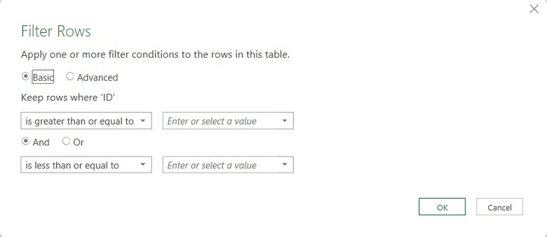 Filter Rows Dialog Box