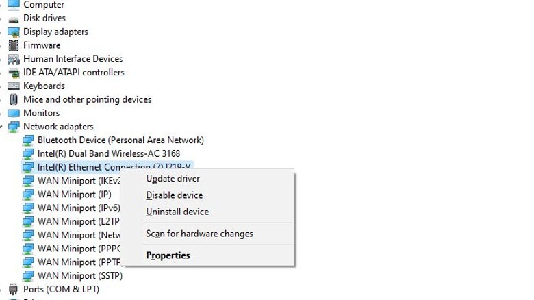 Device manager network adapters