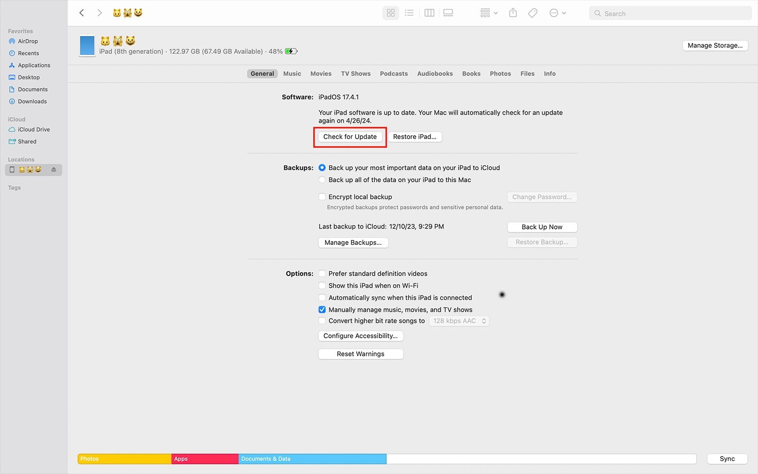 iPad settings in Mac Finder window