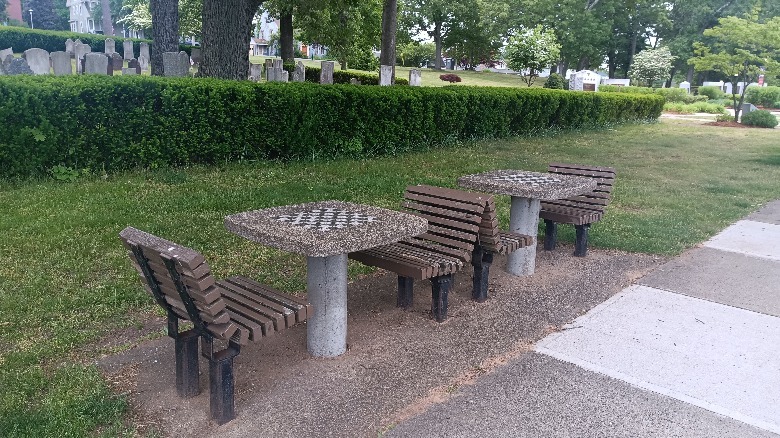 Picture of two stone chess tables