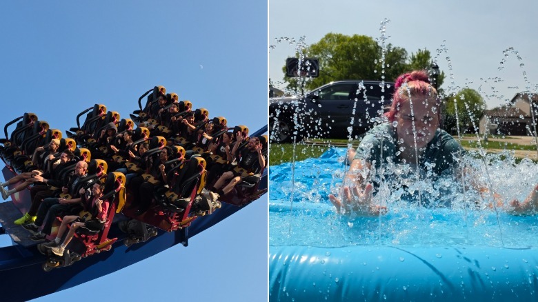Roller coaster and a woman on a waterslide