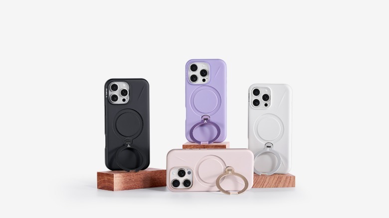 Four iPhones with Torras cases.