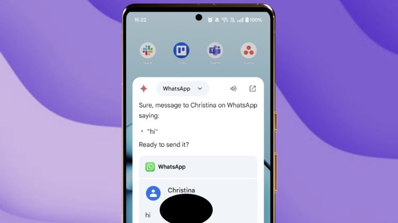 Using Gemini app on Android to send a WhatsApp text to a friend.