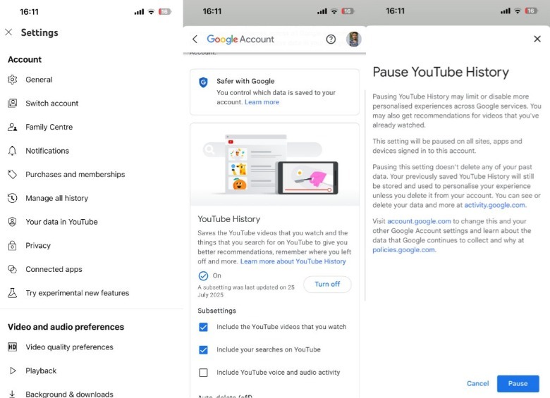 Step-by-step instruction to turn off watch history.