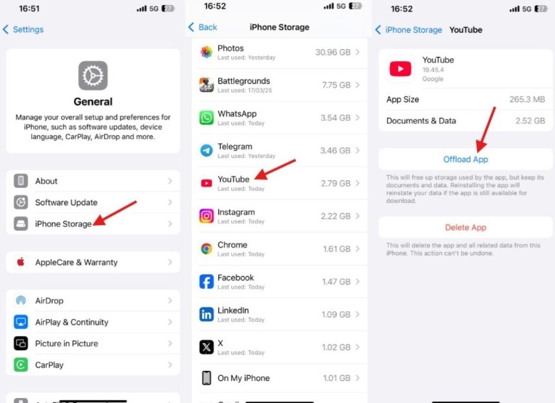 Instructions to offload YouTube app on iPhone.