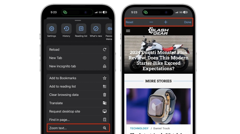 Google Chrome zoom menu iPhone