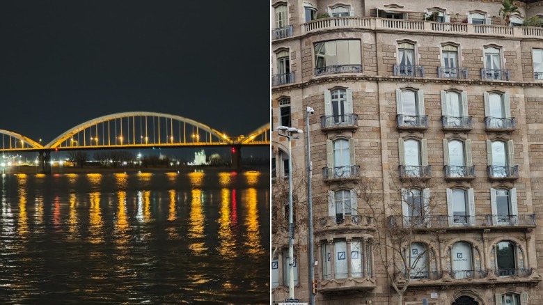 Bridge at night and a building during the day
