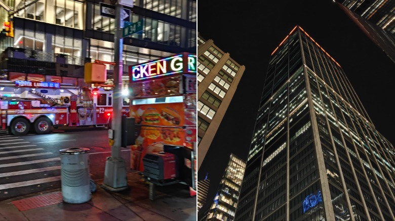 Two nighttime photos of a fire truck and a building