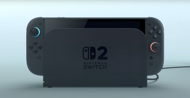 Front view of the Nintendo Switch 2 console with dock.