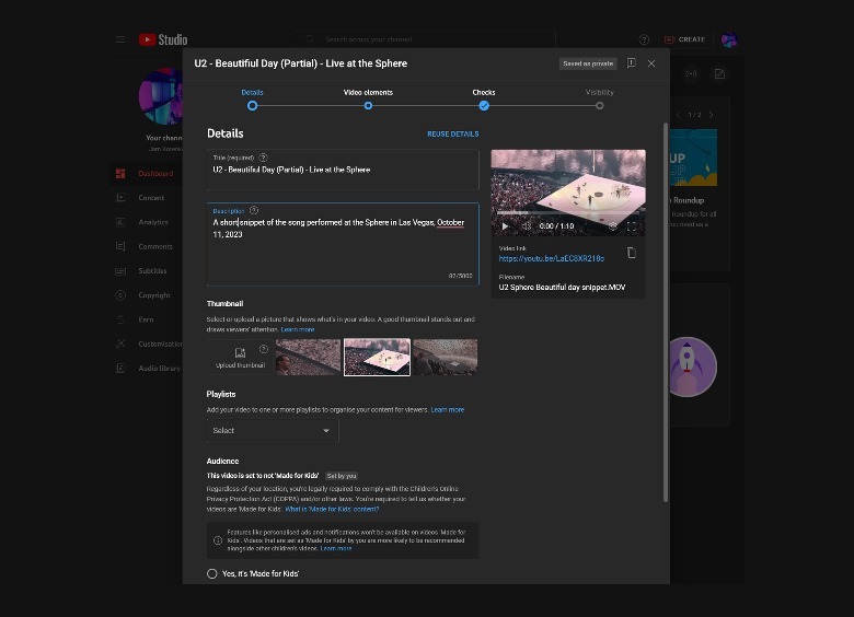 YouTube Studio upload video details