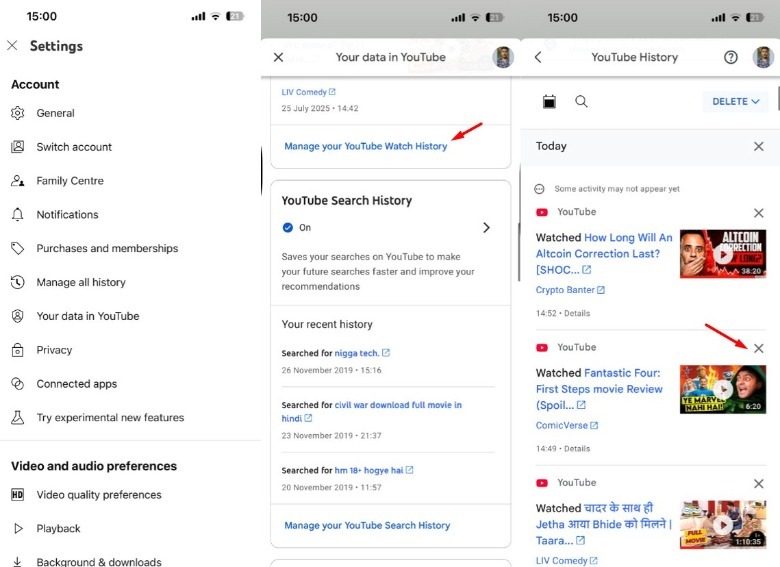Step-by-step instructions for deleting individual videos from YouTube Watch history.