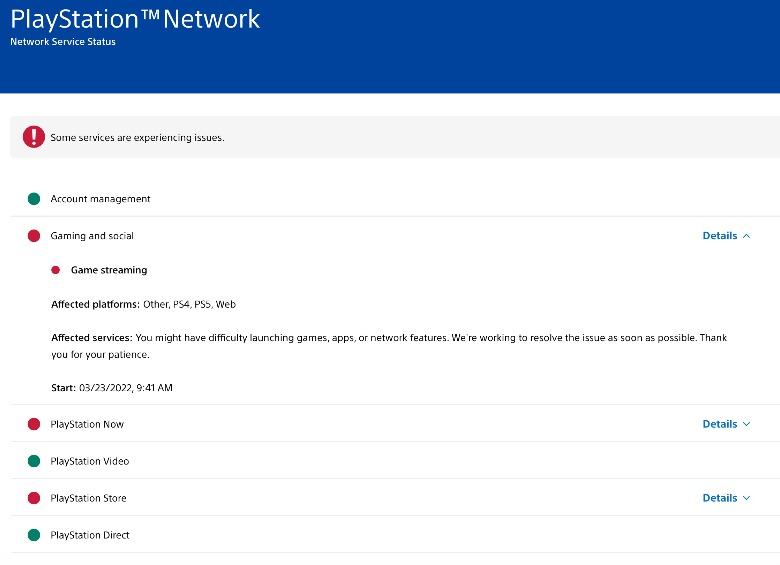 PlayStation Network service status screenshot