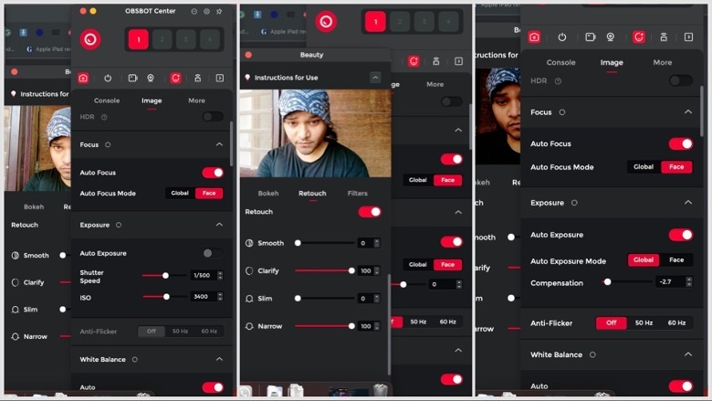 Set of quality adjustment filters available for the Obsbot Meet 2 webcam.