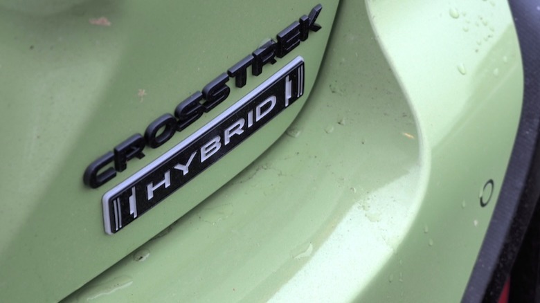 Crosstrek Hybrid badge on rear of Subaru