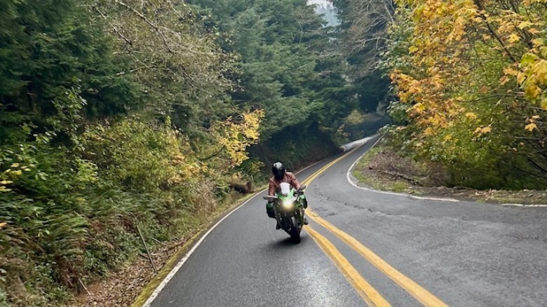 Kawasaki Ninja H2 SX riding in the forest