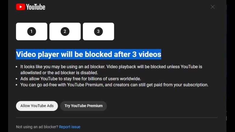 YouTube Adblock Message screenshot