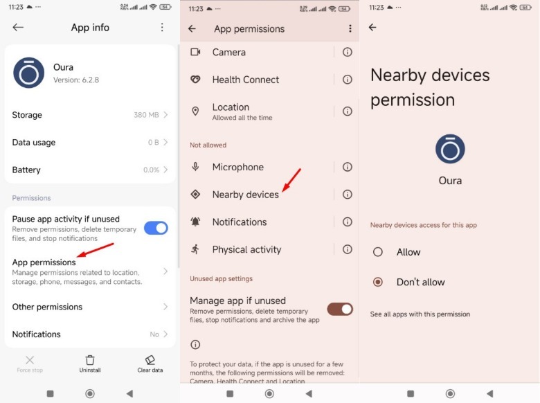 Procedure to manage Nearby Share permission of the Oura app on an Android device.
