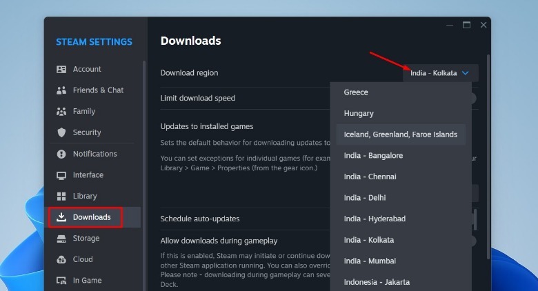 Downloads option in the Steam Settings menu.