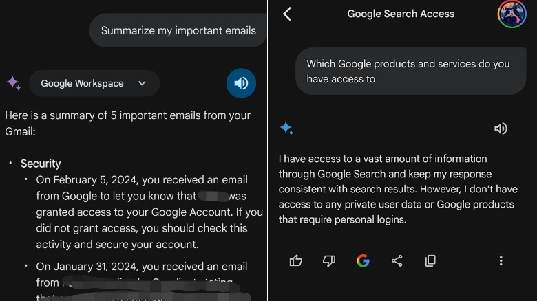 left: Gemini summarizes emails; right: Gemini claims it can't summarize emails