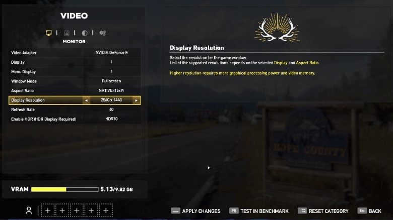 Screenshot of Far Cry 5 settings menu depicting display resolution options and other video settings