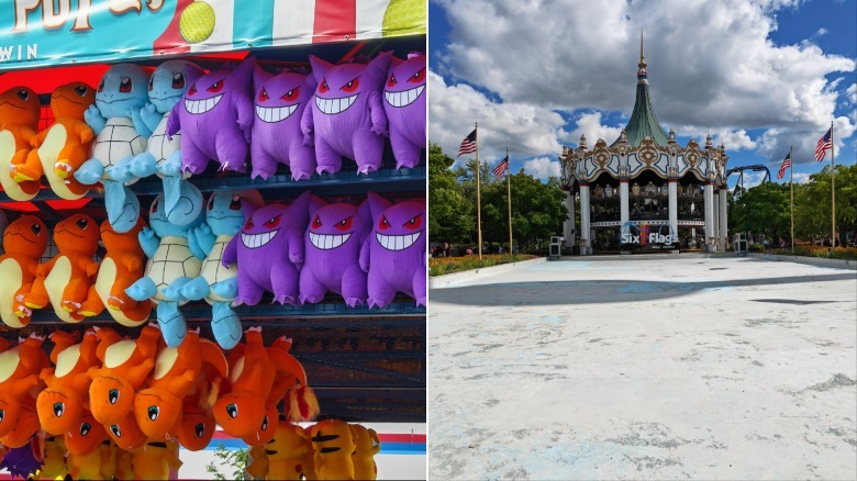 Stuffed animals and a carousel at an amusement park