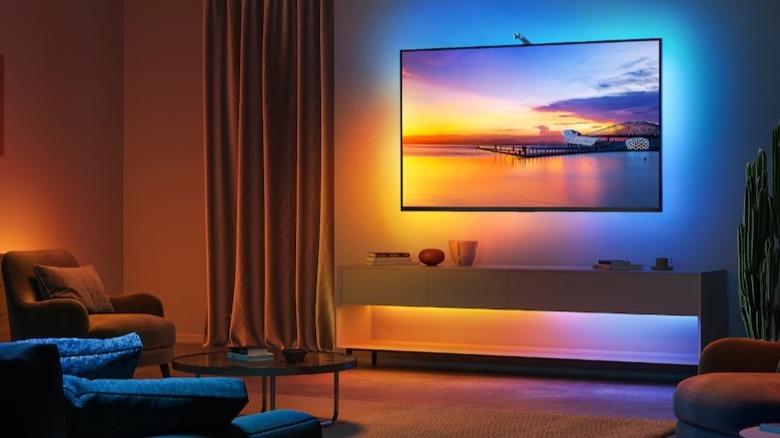 TV on wall with Govee LED lighting