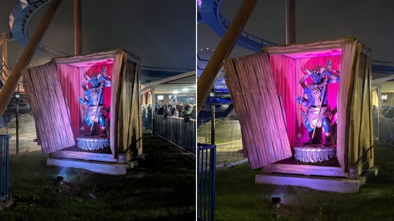 Two photo samples of a statue at night