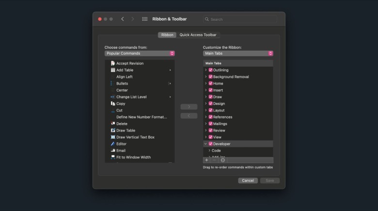 macOS Word Ribbon & Toolbar settings