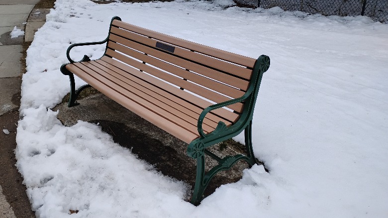 Moto G Play (2024) image of a park bench surrounded by snow