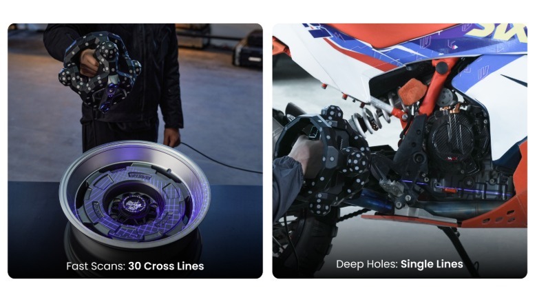 Revopoint Trackit scanning a wheel and a dirt bike engine