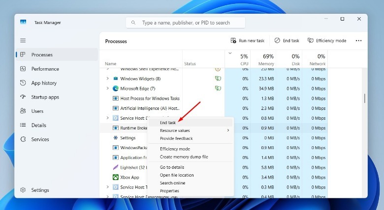 End task option for the Runtime Broker process.