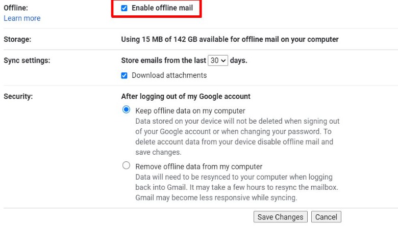 Offline mail settings