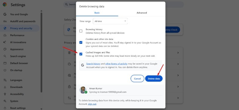 Instructions to clear Chrome cache data.