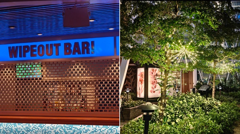 Two photo samples of a bar and lighted trees