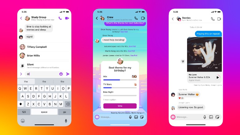 Screenshots showing new messaging features on Instagram.