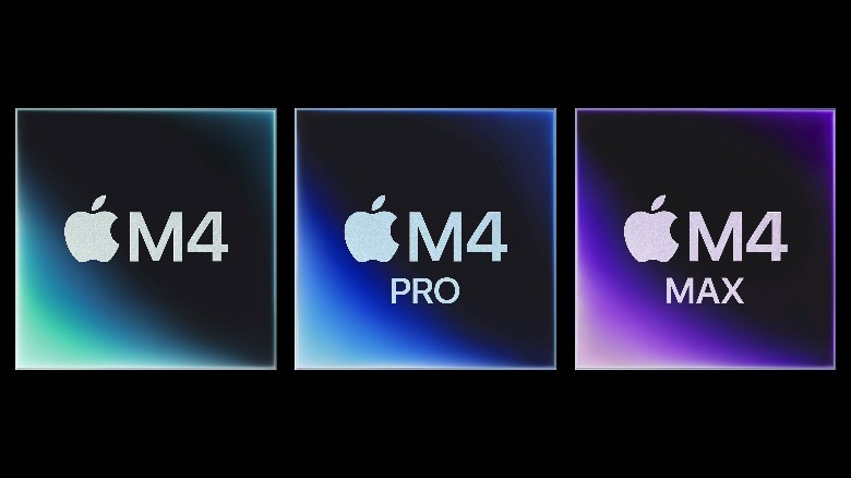 The logos of the Apple M4-series chipset lineup side by side