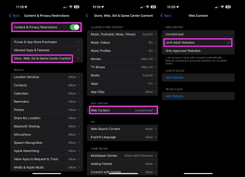 iphone screen time web content menu
