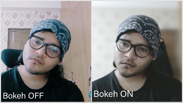 Difference in the image quality captured by Obsbot Meet 2 webcam with bokeh effect enabled and disabled.