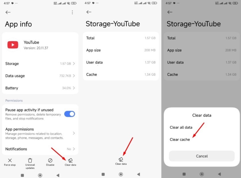 Instructions to clear YouTube app cache data on Android.