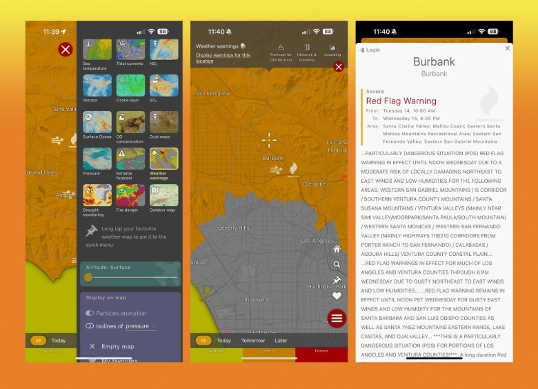 Windy.com app shows weather warnings for Burbank