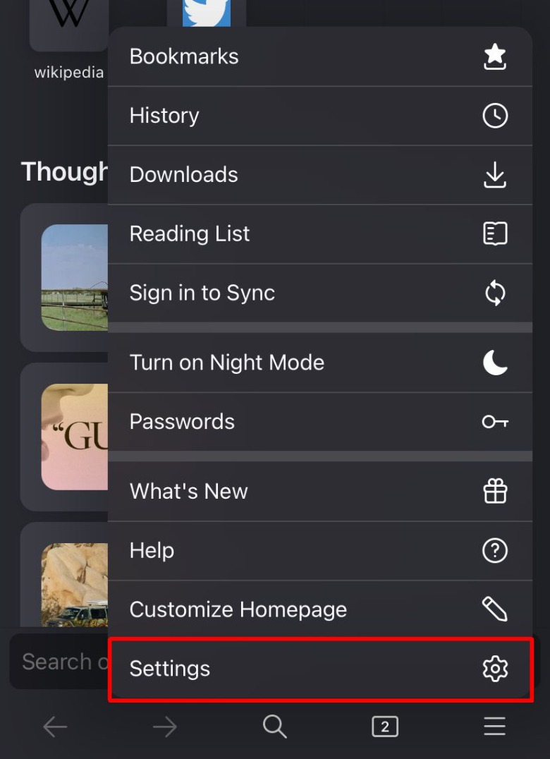 Firefox app settings