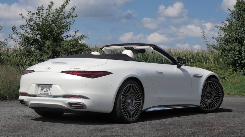 SL 680 rear 3/4 view with roof down