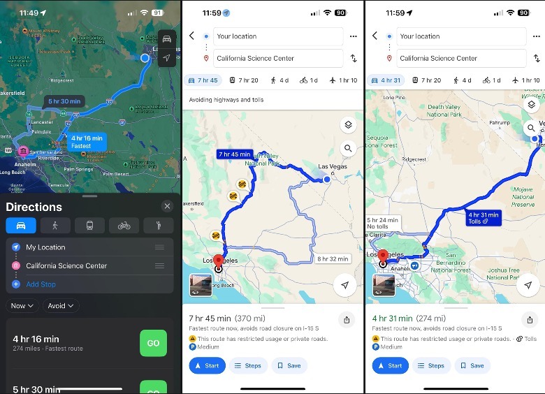 Apple Maps Google Maps route comparison