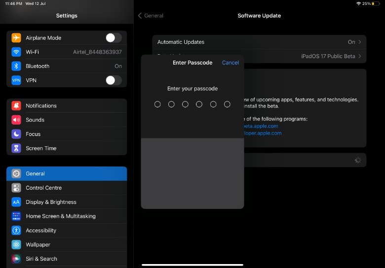 Entering passcode to install iPadOS update
