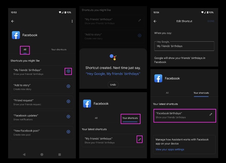 Google Assistant Facebook shortcut