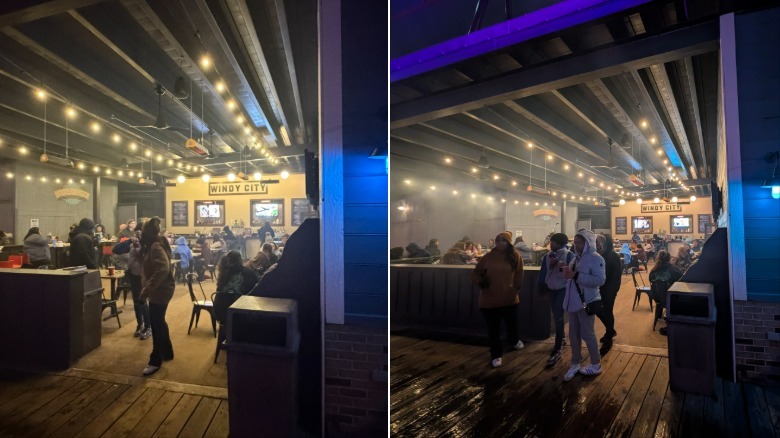 Two photo samples on a bar at night