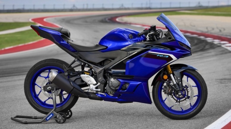 Yamaha R3 parked at a racetrack