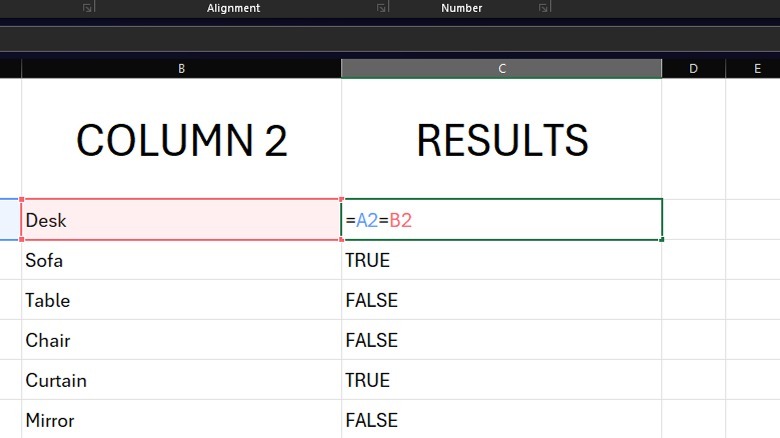 Excel equals compare columns