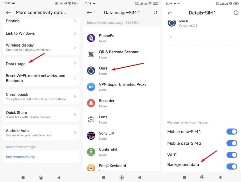 Procedure to manage background data of the Oura app on an Android device.